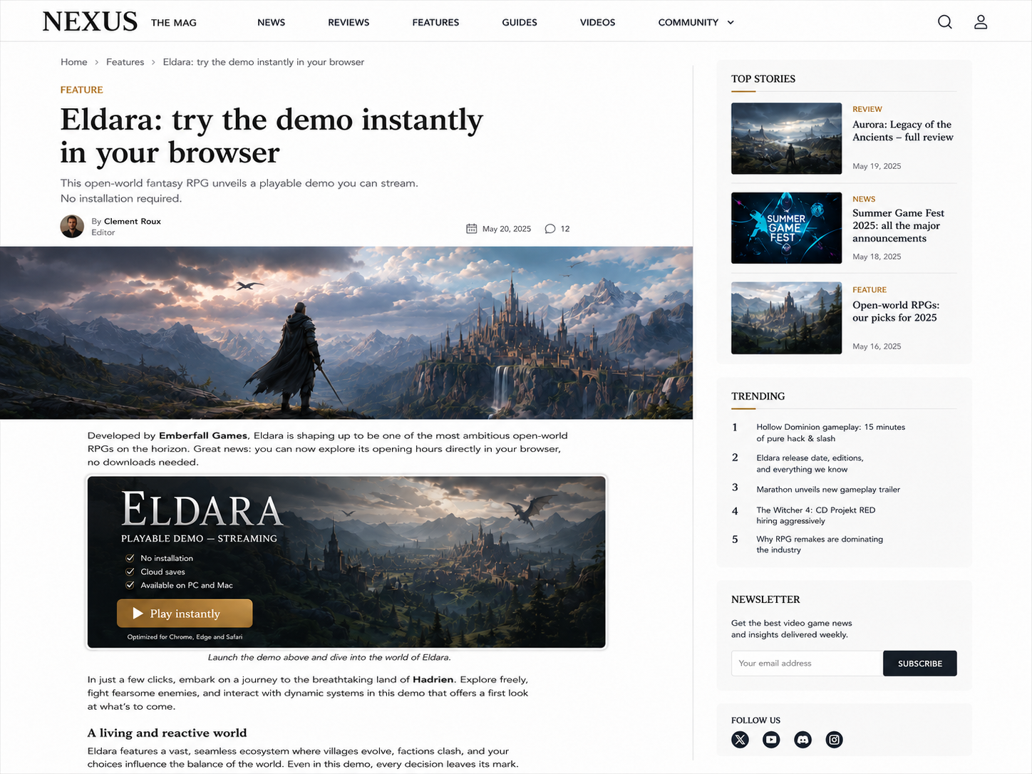 Gaming media article featuring a one-click playable browser demo