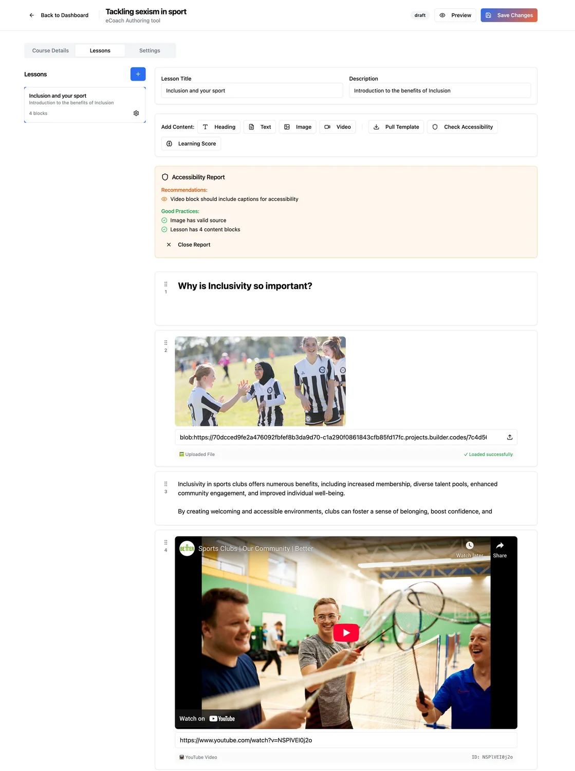 Content authoring with rich text, images, videos and accessibility checking