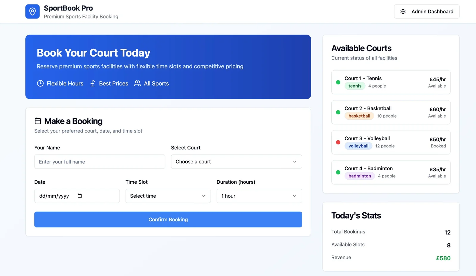 Admin dashboard for courts