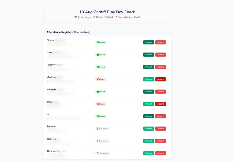 Digital attendance record showing learner check-in and certification tracking