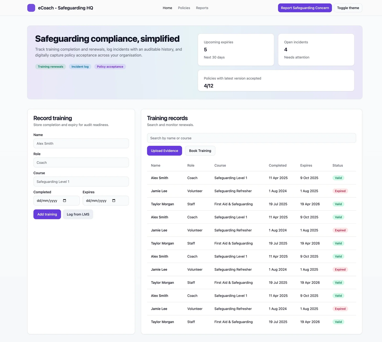Training records and compliance dashboard screenshot