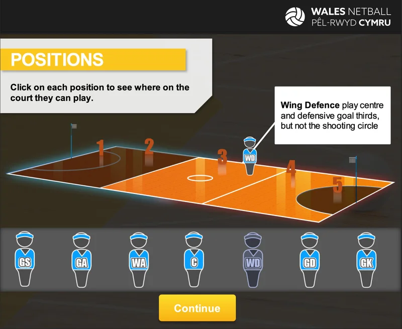 Netball positions training course showing court layout with interactive player positions