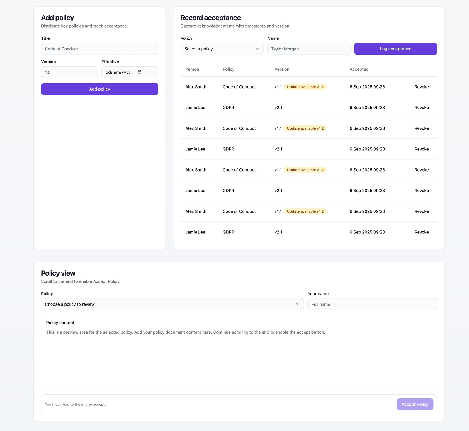 Policy management and acceptance screenshot
