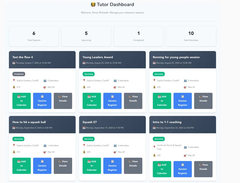 Tutor dashboard showing session management, attendance tracking, and learner information
