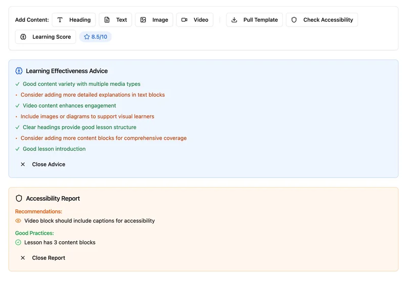 Course authoring interface showing course setup and lesson management