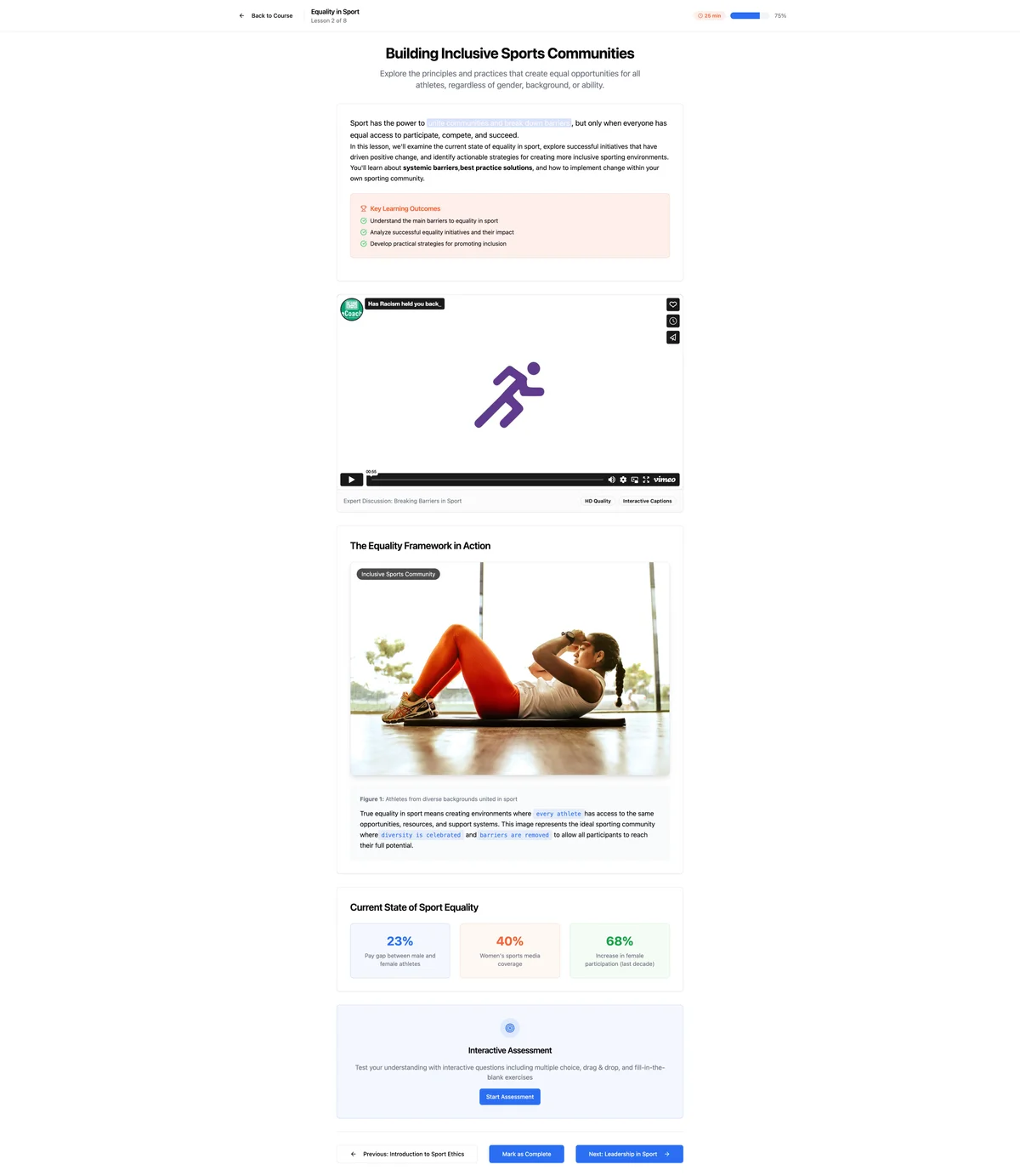 Completed course preview with interactive content and assessments