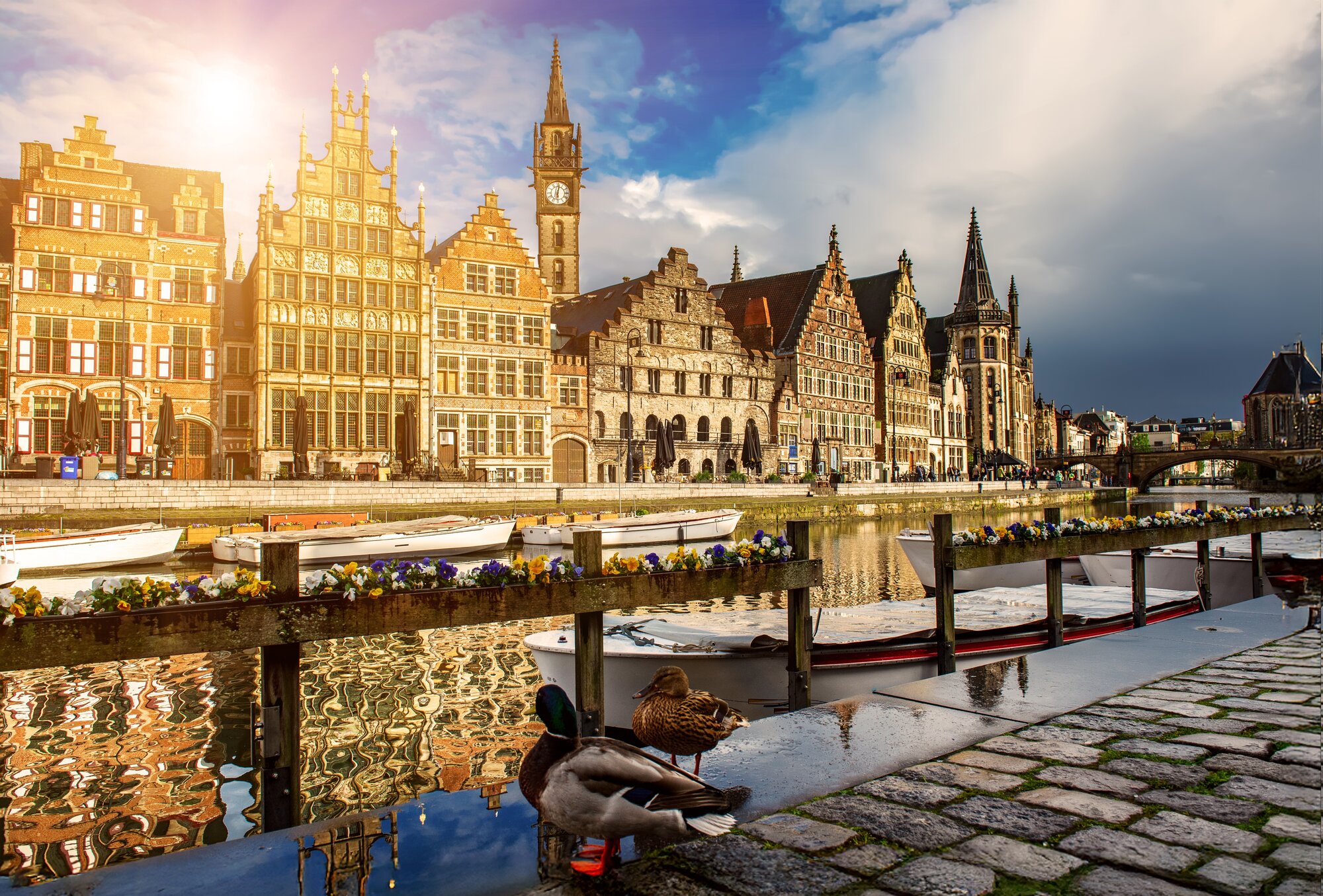 Ghent city historical center, tourists boats near Korenlei Corn Wheat Quay on Leie river bank, row of old colorful buildings on Lys river embankment, Flemish Region, Belgium
