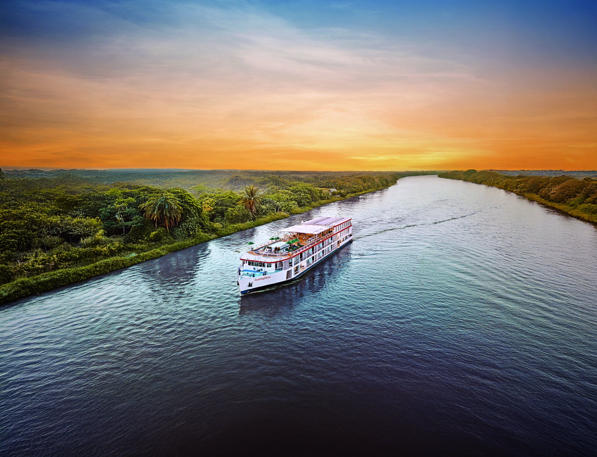 AmaMagdalena sailing along the Magdalena River surrounded by lush tropical scenery in Colombia