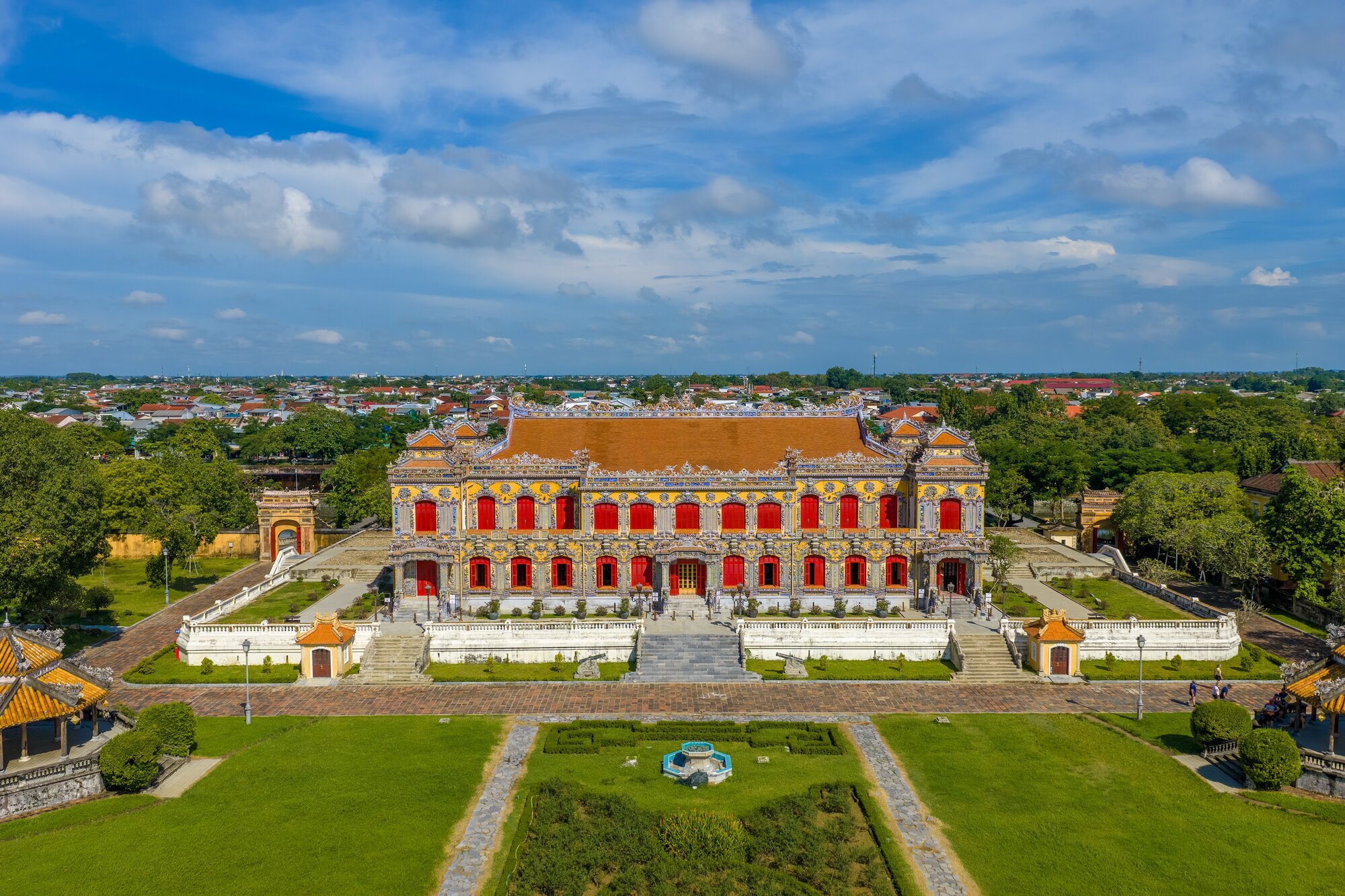 Aerial view of Hue Citadel and view of Hue city, Vietnam. Imperial Royal Palace of Nguyen dynasty. Travel and landscape concept