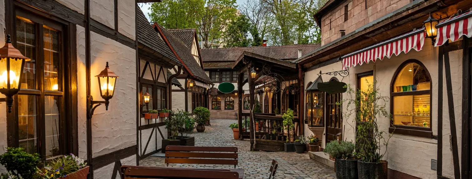 Medieval small half-timbered shops in Nuremberg, Germany