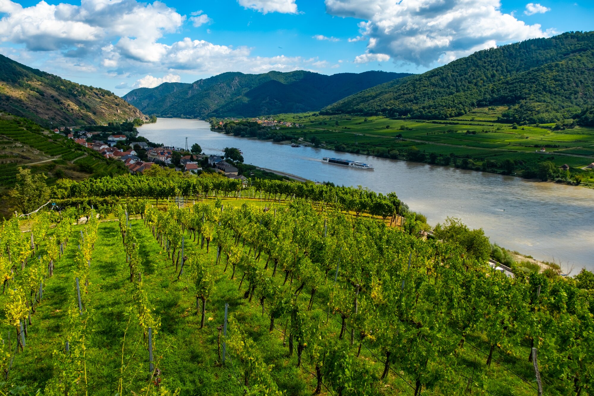 Vineyards and Donau river in Wachau valley Austria with autumn colored leaves, small traditional village and boats on sunny day. Traditional wine and tourism region,