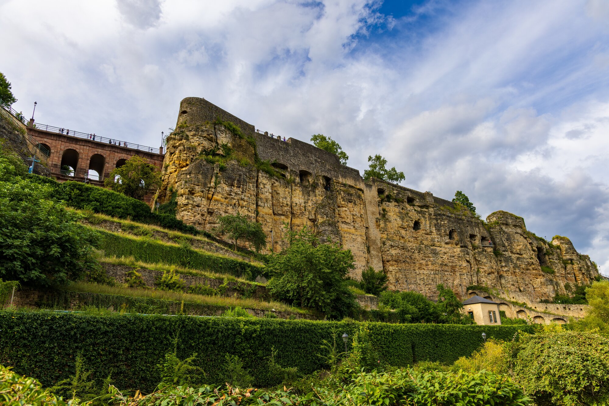 The Bock fortifications with it's Casemates and the connecting bridge called Pont du château on the left in Luxembourg City