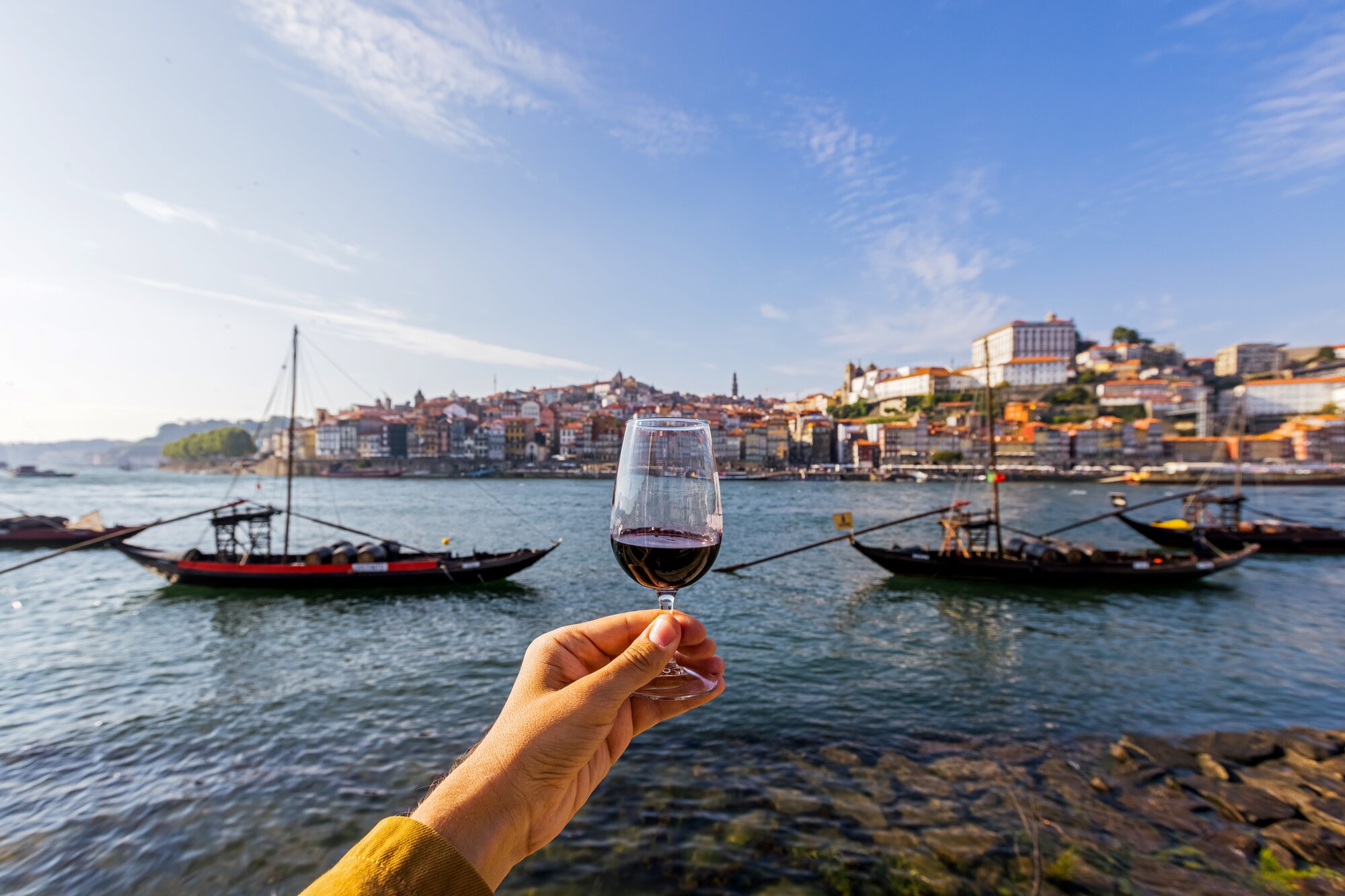 Two wine glasses clinking together in front of a vineyard