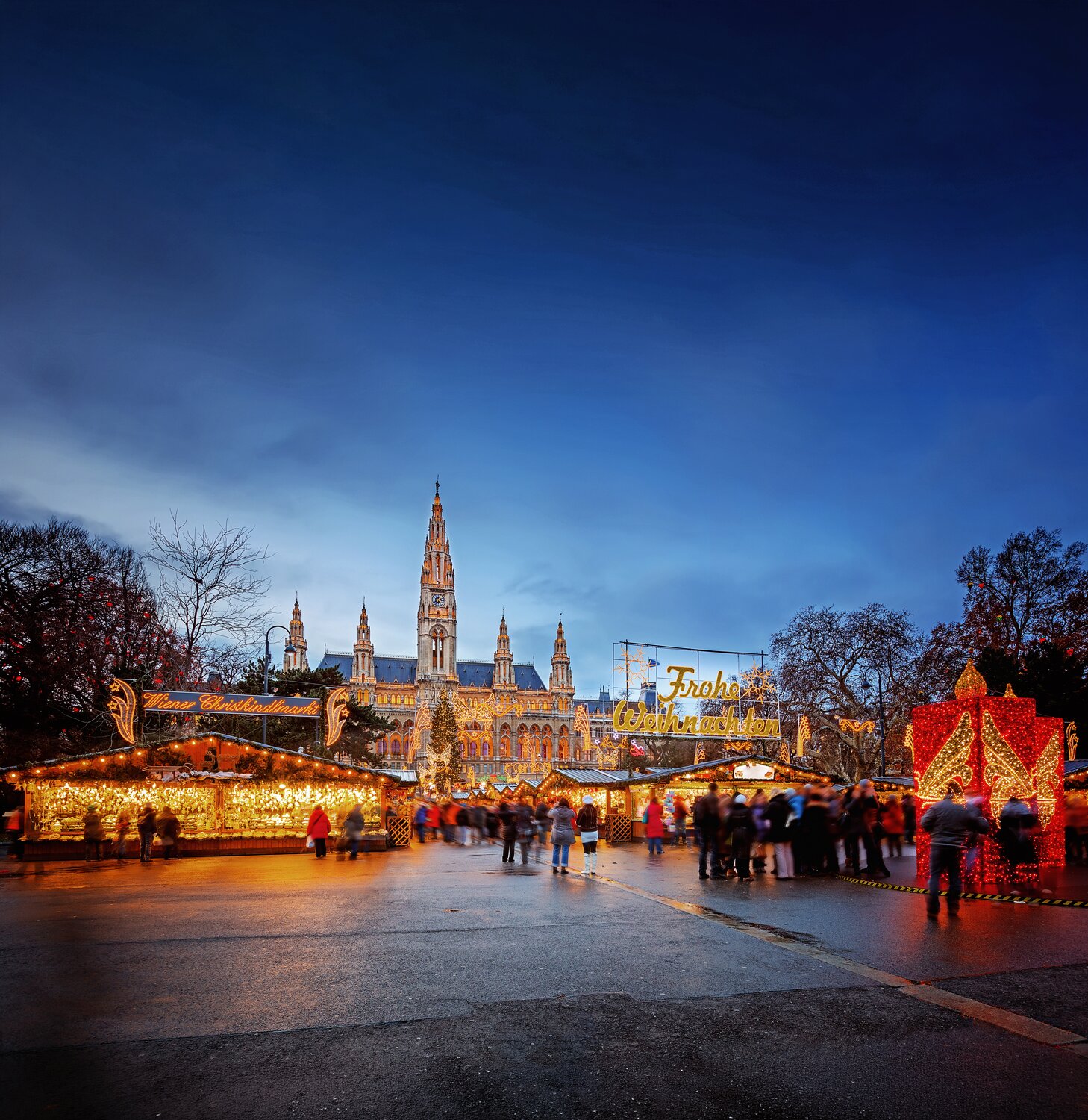 View of nighttime Christmas market