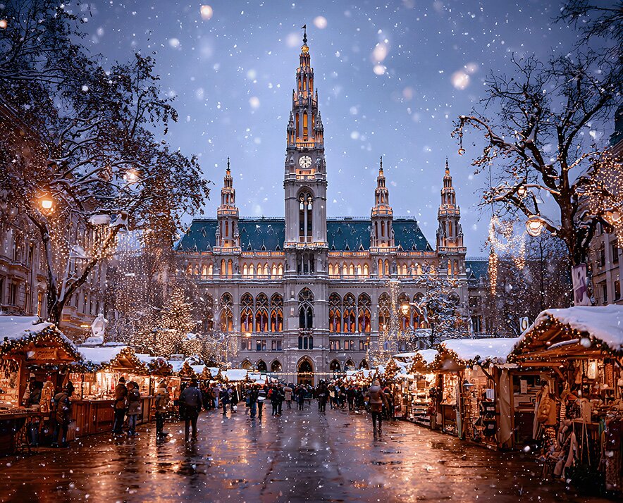 View of nighttime Christmas market in Brasov