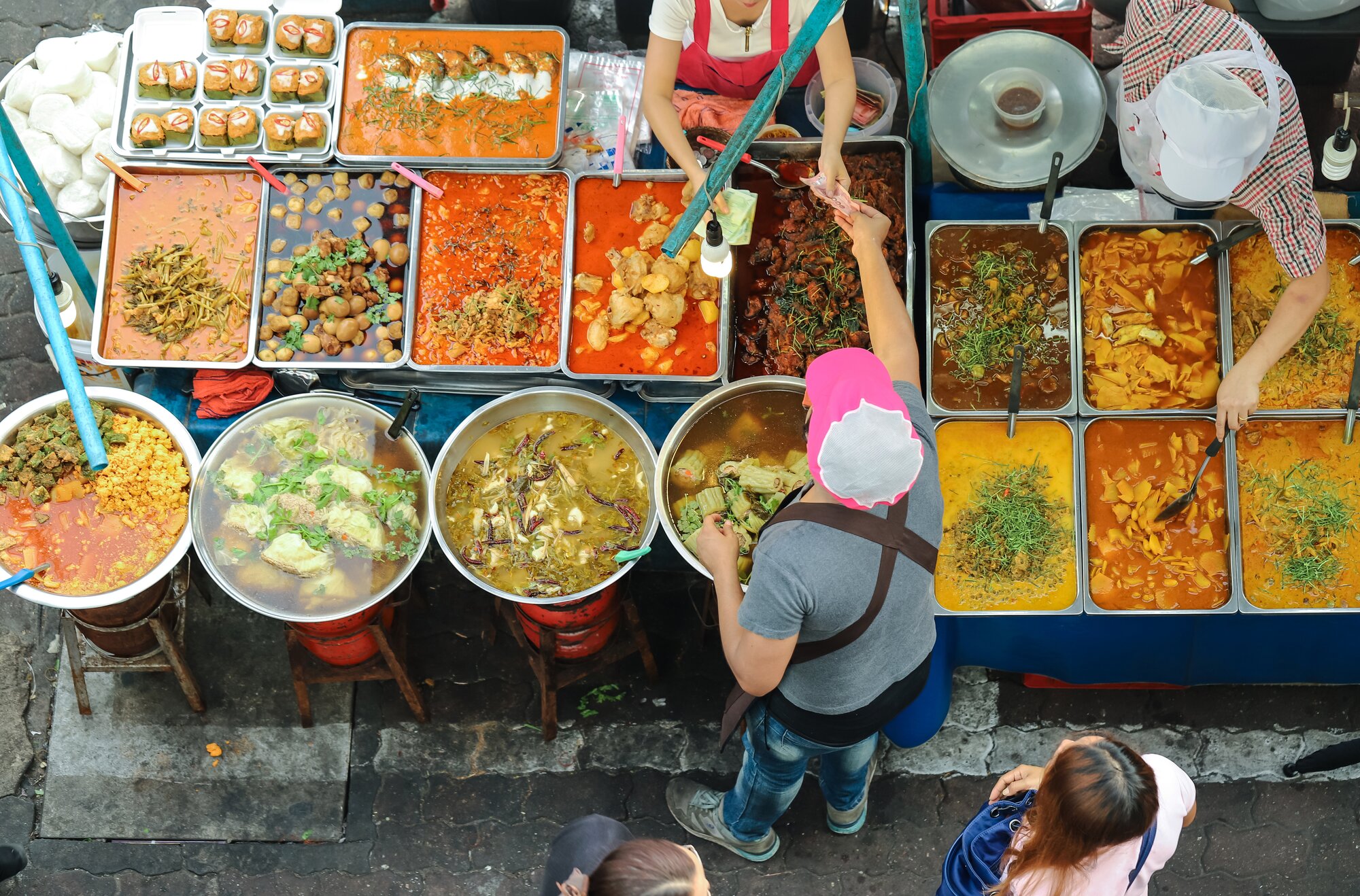 Top view of a Thai street food ,The market in Thailand is full of food,Thai food on the street offers a great selection of food,street food thailand