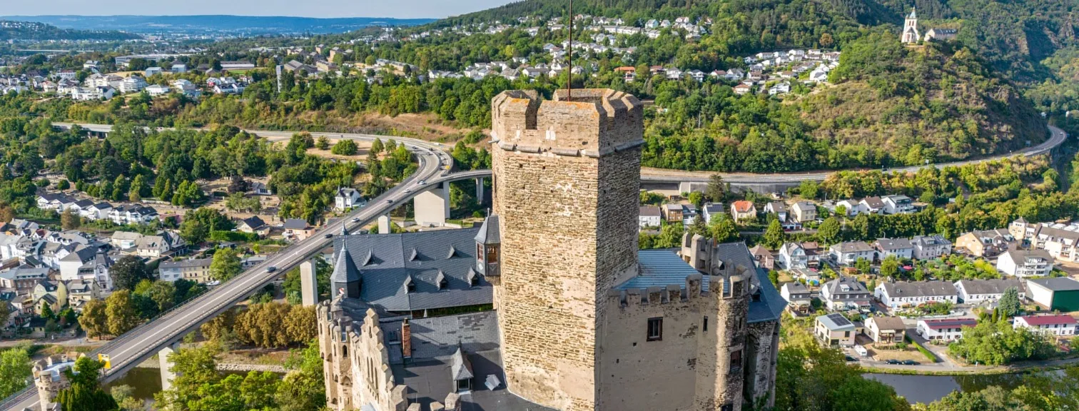 Aerial view of the Lahneck Castle in Lahnstein, Germany