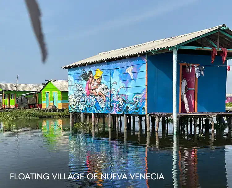 Colored floating houses in Nueva Venecia, Colombia