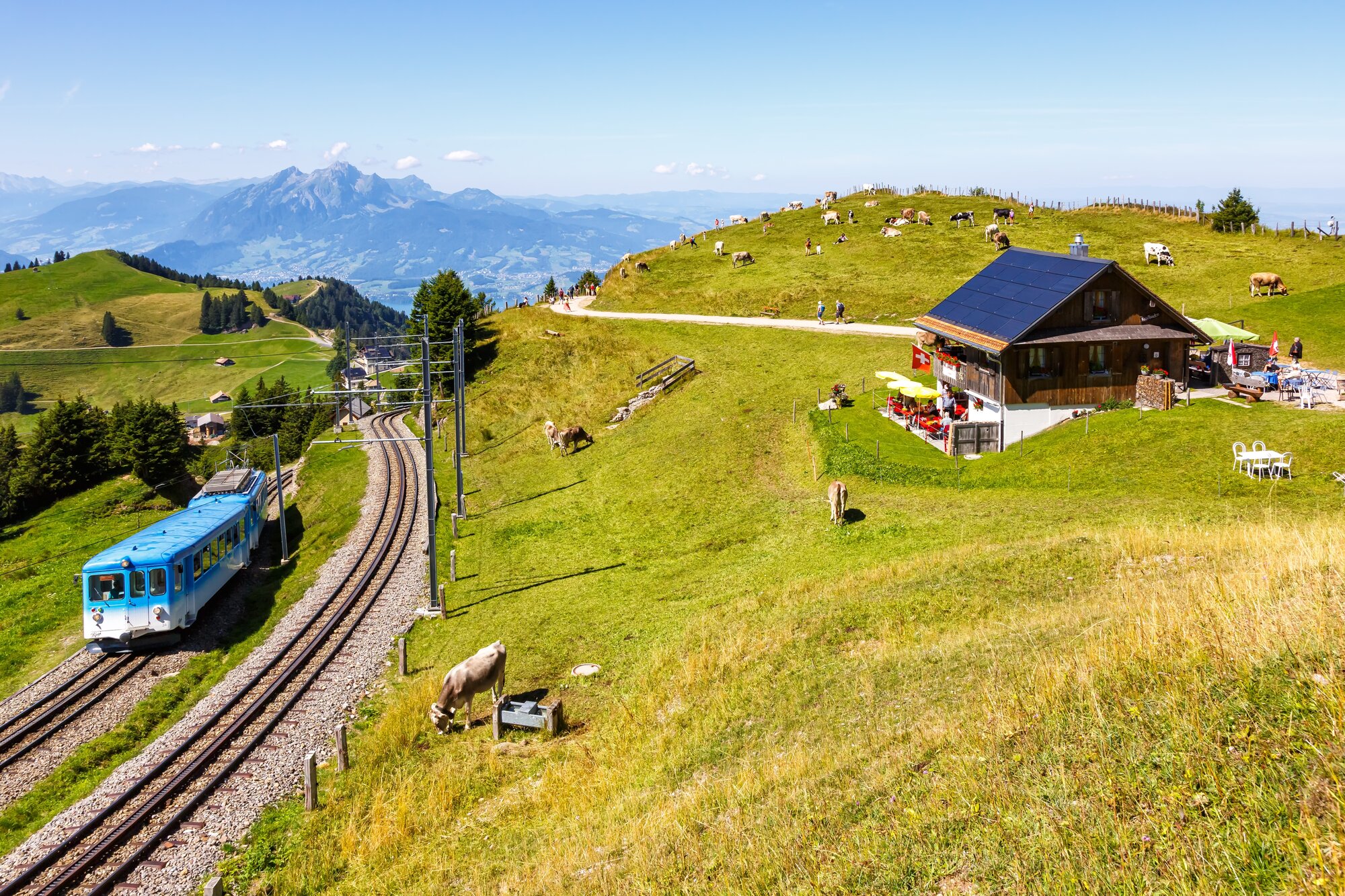 Arth–Rigi railway line rack railway train on Rigi mountain in Swiss Alps in Switzerland