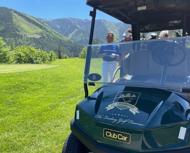 Golf cart with Jill's family playing in the background