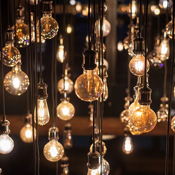 A variety of light bulbs dimly light.