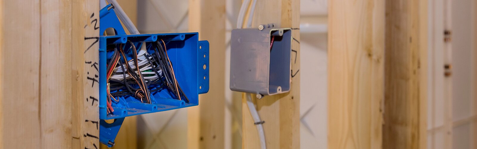 Electrical outlet boxes in a home under construction. 