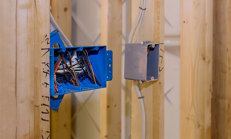 Electrical outlet boxes in a home under construction. 