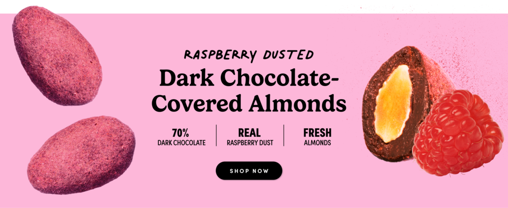 raspberry dusted dark chocolate covered almonds