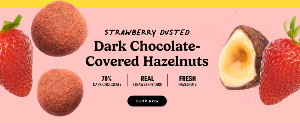 strawberry dusted dark chocolate covered hazelnuts