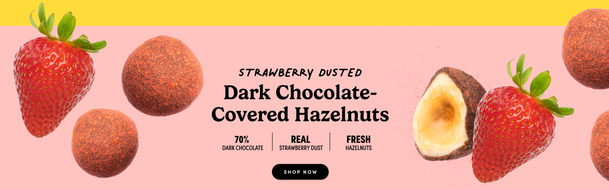 strawberry dusted dark chocolate covered hazelnuts