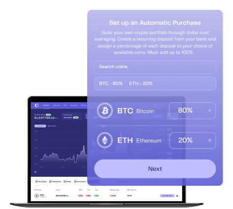 Coinstash app screen showing setup for automatic recurring crypto purchases with Bitcoin and Ethereum