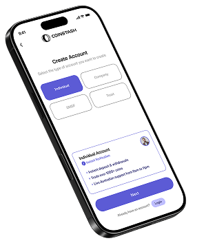 Mobile crypto trading app interface with Bitcoin, Ethereum, and Dogecoin icons on Coinstash Australia exchange