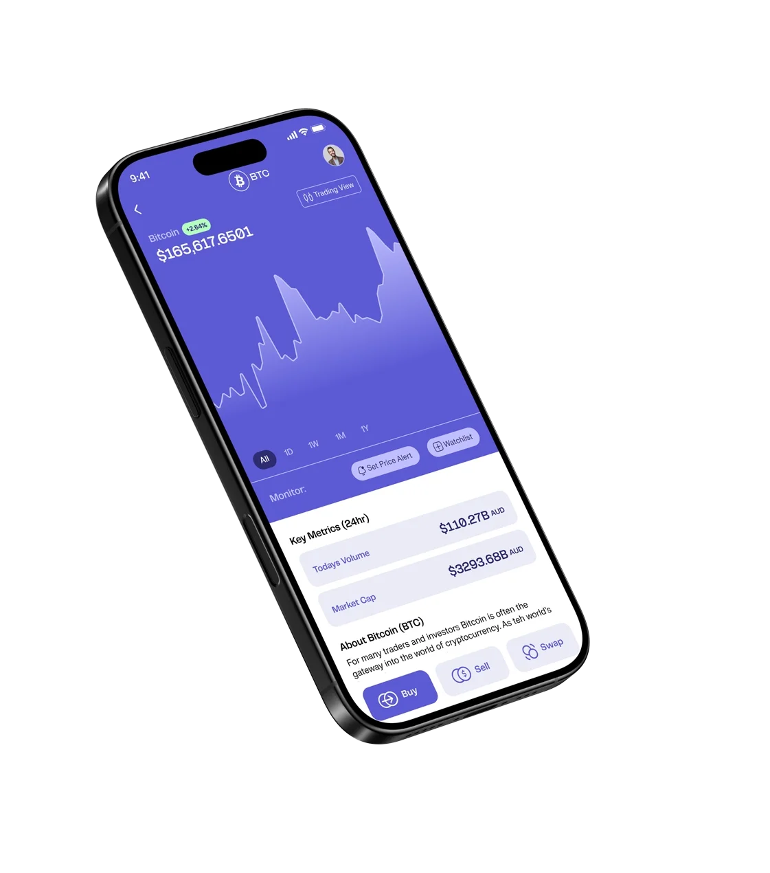 Mobile crypto trading app interface with Bitcoin, Ethereum, and Dogecoin icons on Coinstash Australia exchange