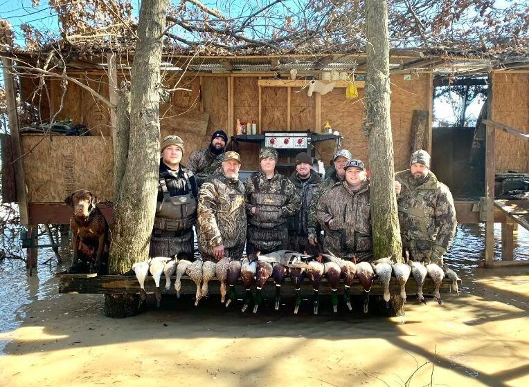 group of sportsman hunting mallard ducks in the flooded timber in Arkansas