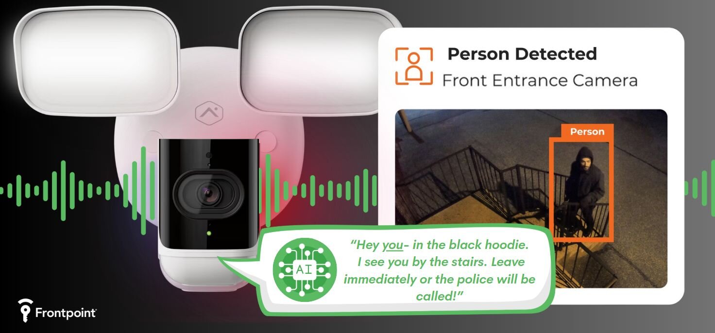 An advertisement for Frontpoint security showing a dual-light floodlight camera alongside a notification window reading Person Detected - Front Entrance Camera. The notification displays a nighttime video feed of a person in a black hoodie on outdoor stairs. A speech bubble with an AI icon reads, Hey you - in the black hoodie. I see you by the stairs. Leave immediately or the police will be called!