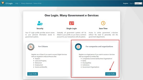 Shows the overview page of the e-Services page to register for an account