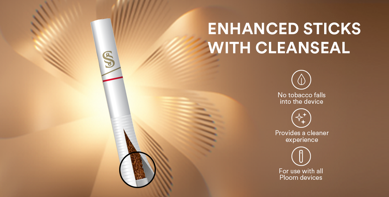 A visual of Ploom sticks enhanced with CleanSeal technology, showing that tobacco does not enter the device, ensuring a cleaner user experience and compatibility with all Ploom devices.
