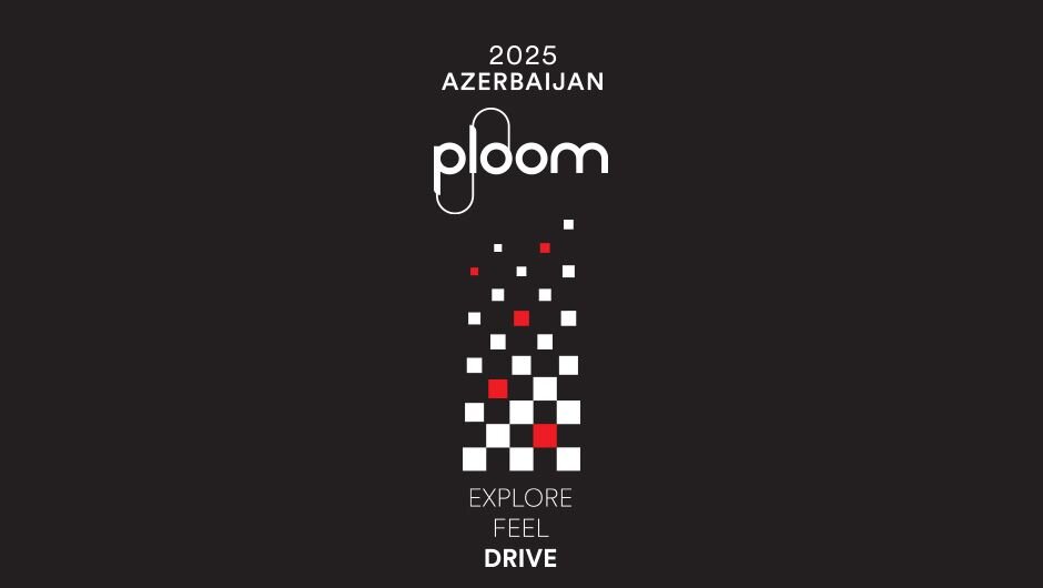 Ploom race visual – Ploom logo on black background, race flag effect with white and red squares, slogan: Explore, Feel, Drive