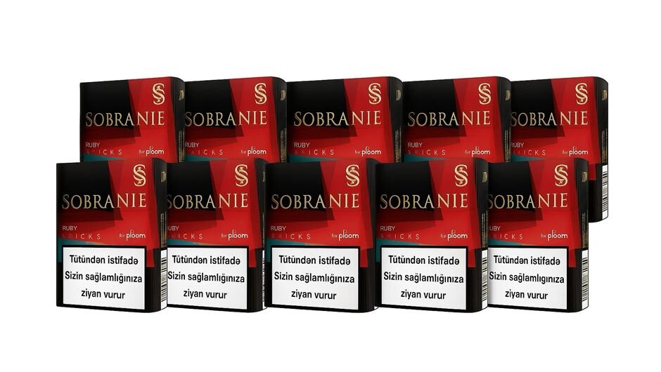 10 qutu Sobranie Ruby çubuları Ploom üçün. Qırmızı-qara dizaynda, tütün çubuqları, rəsmi qablaşdırmada 