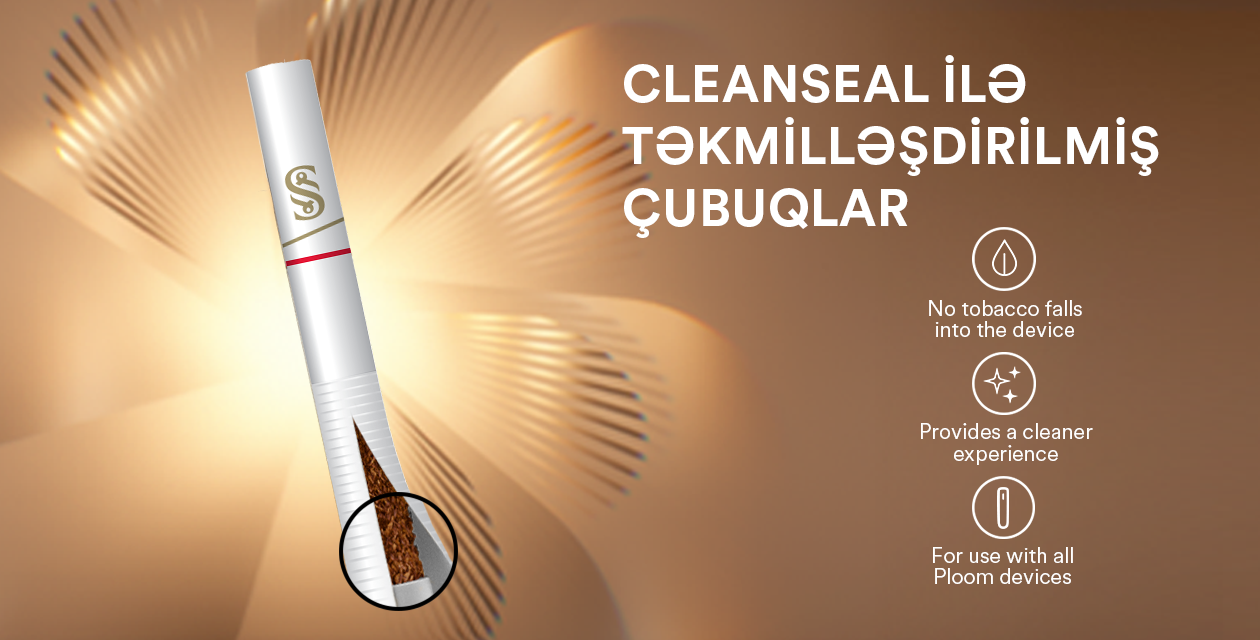 Cleanseal ilə təkmilləşdirilmiş Ploom çubuqları haqqında vizual. Cihaz daxilinə tütünün düşmədiyini, daha təmiz istifadə təcrübəsi təqdim etdiyini və bütün Ploom cihazları ilə uyğun olduğunu göstərən məhsul təsviri.