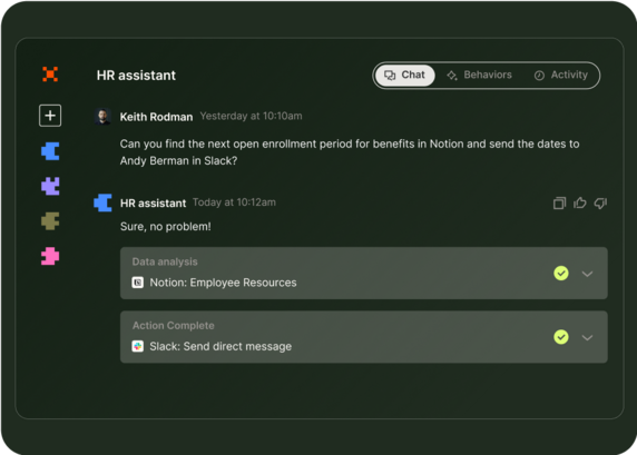 Zapier Central interface showing how the user can ask the bot specific questions, and how the bot returns answers based on the knowledge sources and behaviors the user input.