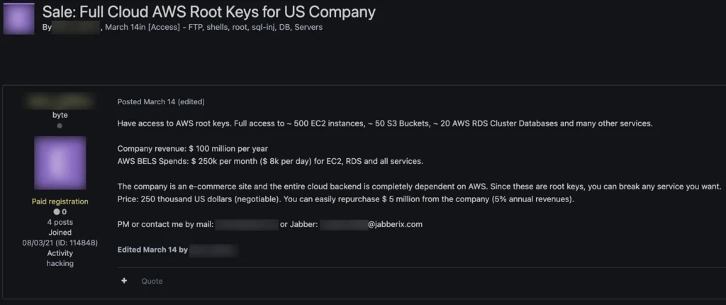 Marketplace listing for corporate AWS root keys from Exploit.in