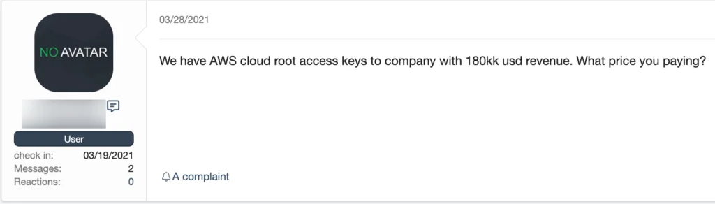 Marketplace listing for AWS cloud root keys from XSS.is