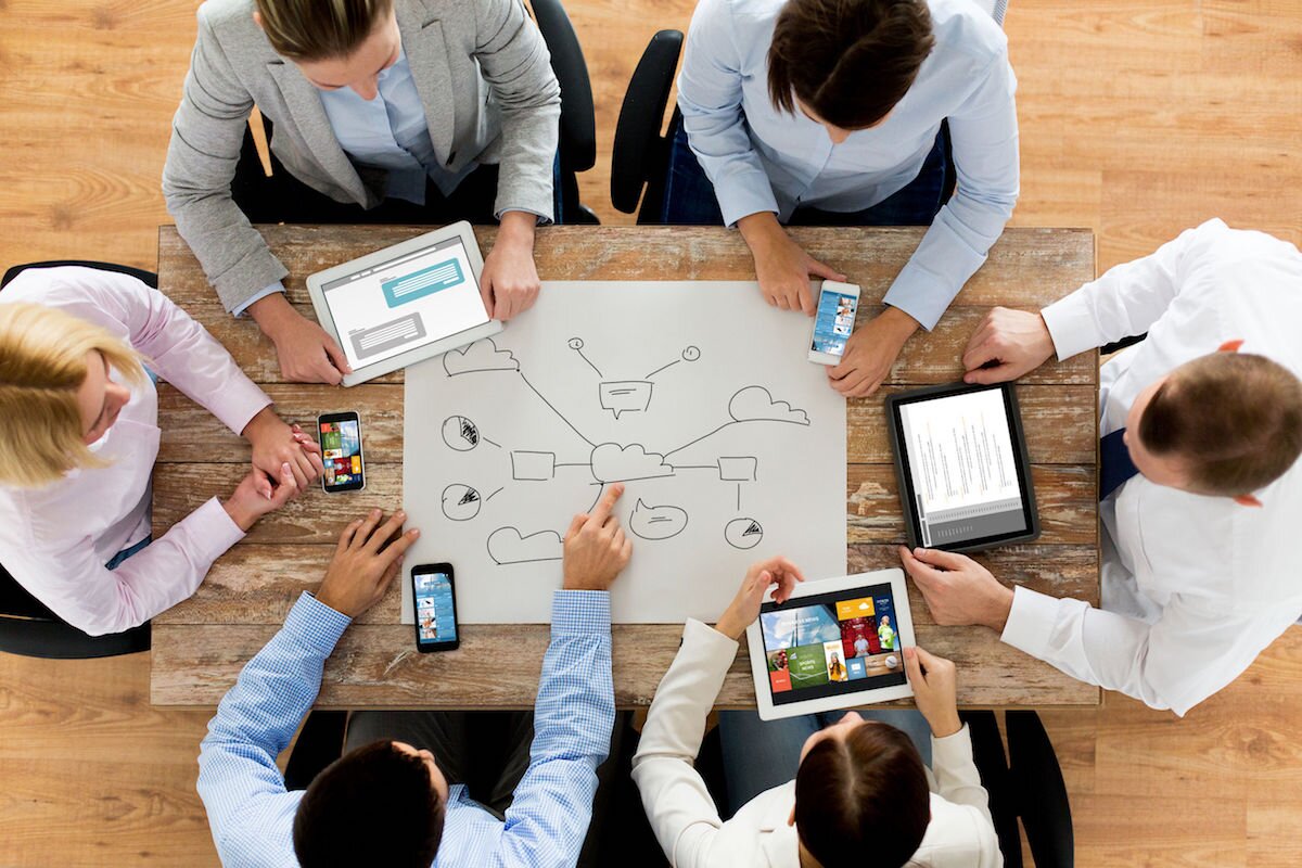 business, people, technology, cloud computing and team work concept 
