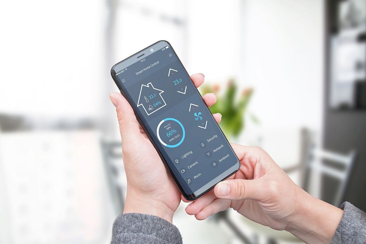 Woman use modern mobile app with modern flat design interface to control home security