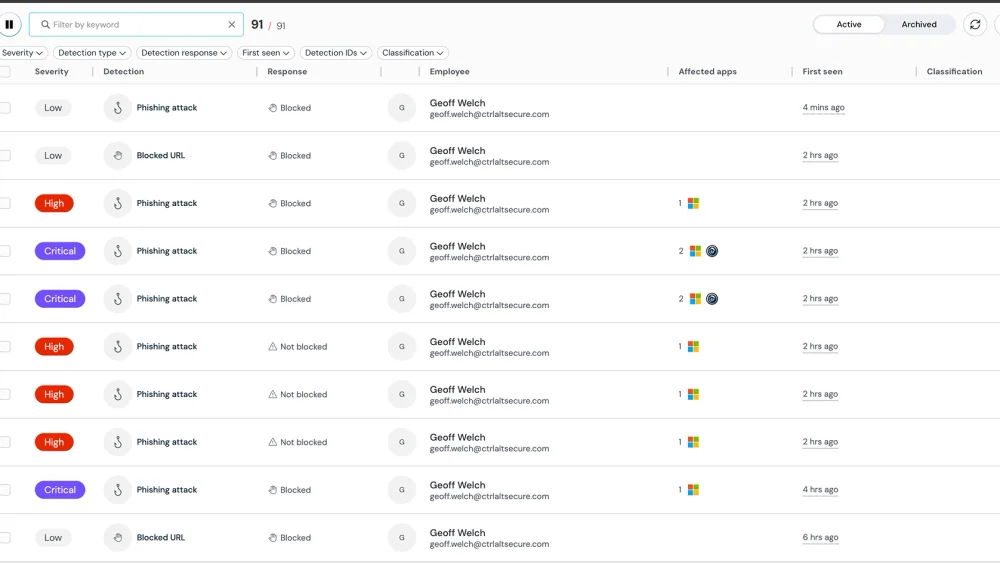 Push Security detections panel showing a phishing and session hijacking alert on a personal BYOD device, enabling real-time response without endpoint agent access.