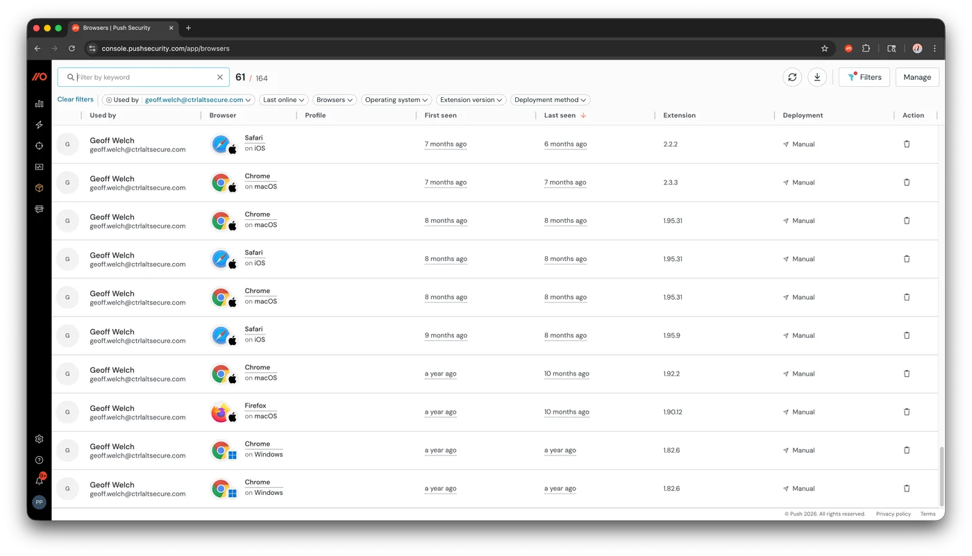 Push Security identities and devices view showing SaaS access activity from both managed corporate laptops and unmanaged personal BYOD devices.