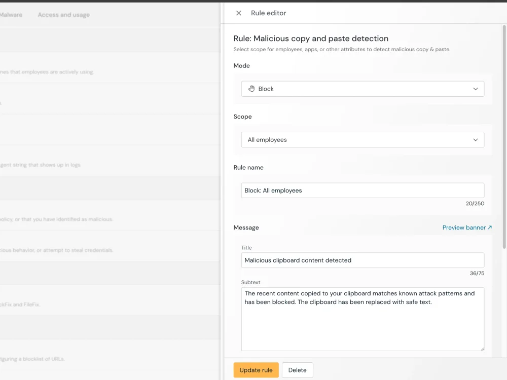 Push Security browser detection rule blocking a ClickFix attack before a user interacts with a malicious verification page.