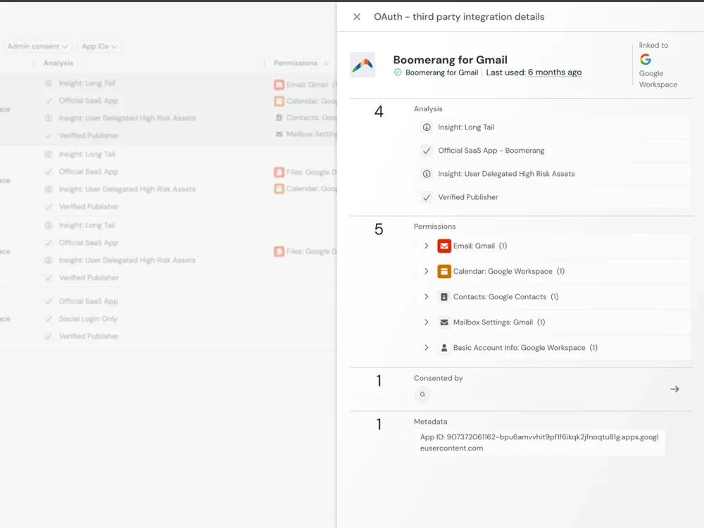 Push Security consent audit view showing OAuth permissions granted by users, helping security teams identify suspicious integrations and stop persistent access.