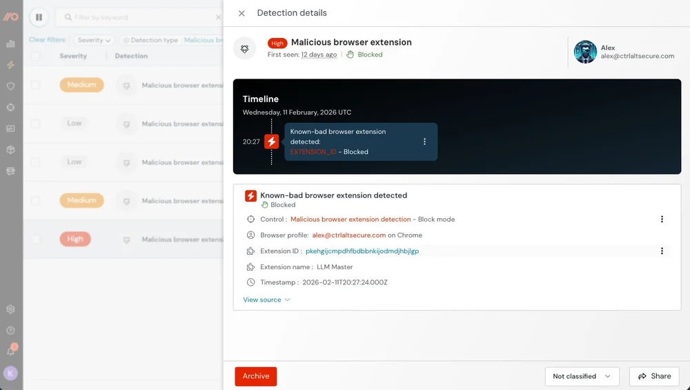 Push Security dashboard listing risky browser extensions across the environment, showing permissions and enabling teams to block known malicious extensions.
